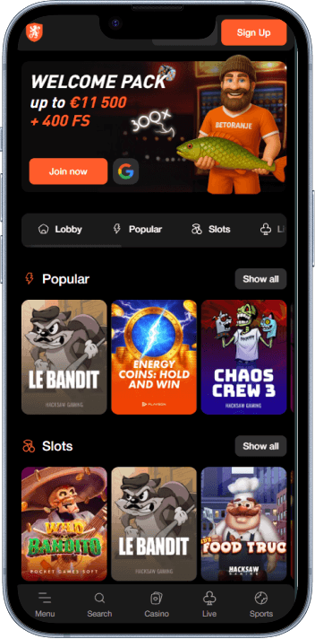 BetOranje homepage with welcome bonus